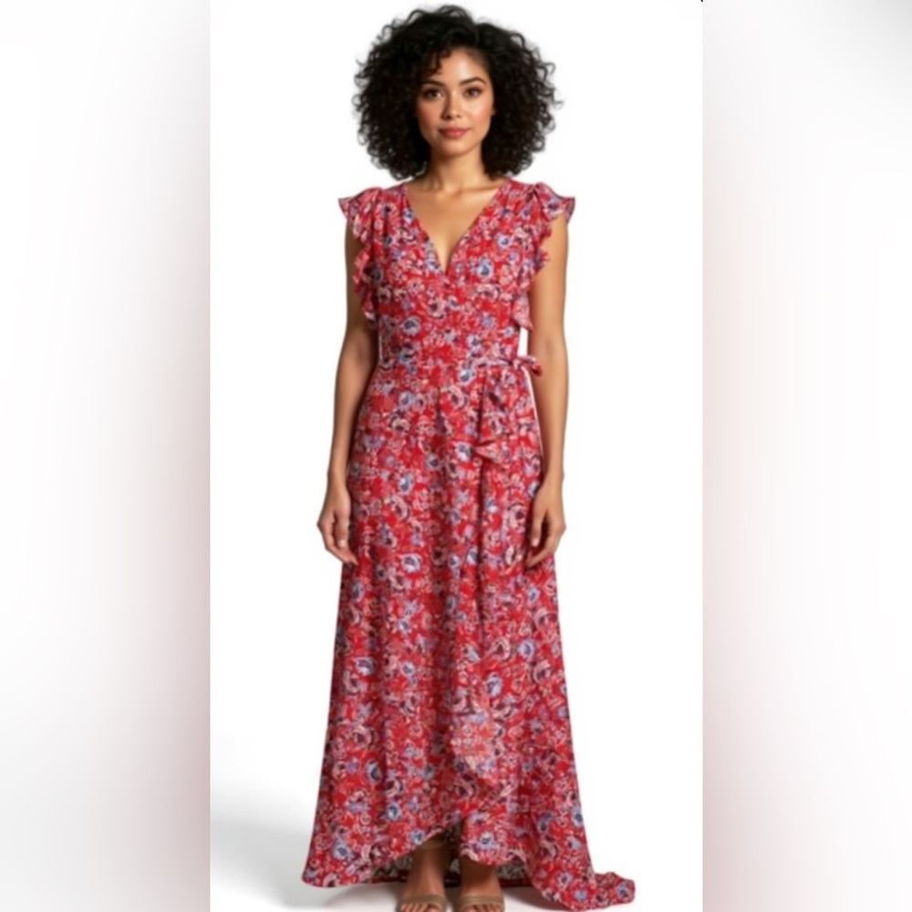 NWOT Ava & Aiden Floral V-Neck Wrap Dress - Red and Blue